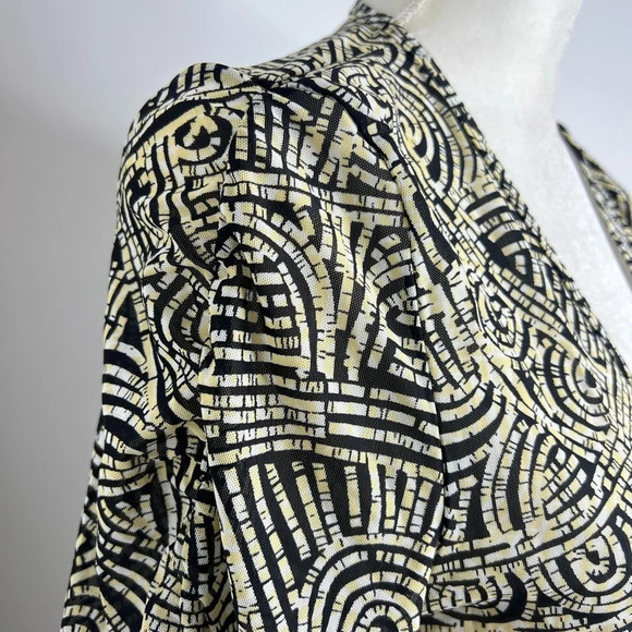 CHRISTINA Mesh Artsy Abstract Tie Front Long Line Ruched Sleeve CoverUp Cardigan - Picture 5 of 13